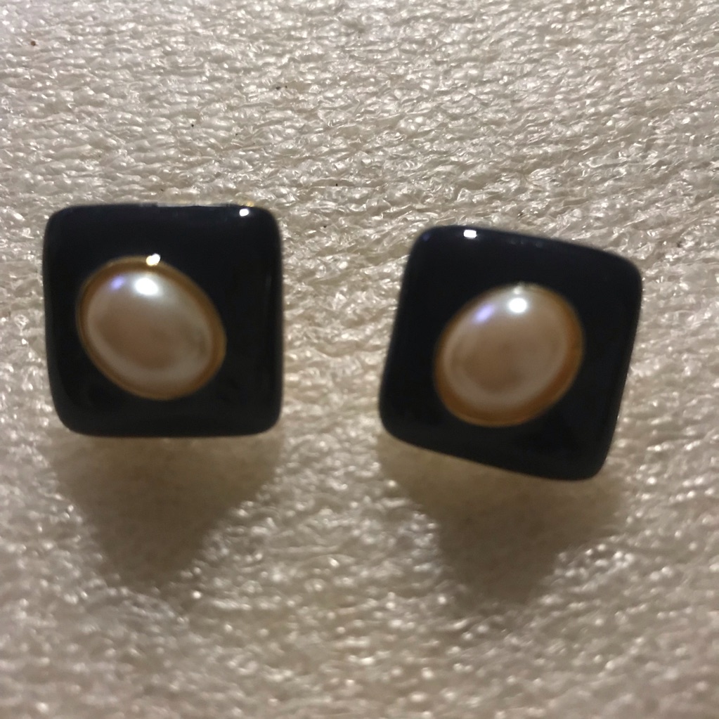 Elegant Black Enamel And Gold Pearl Earrings